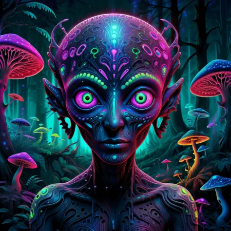 futuristic style A beautiful illustration of the mathematics of a tattooed alien, glowing eyes, digital art, rainbow colors, ver...