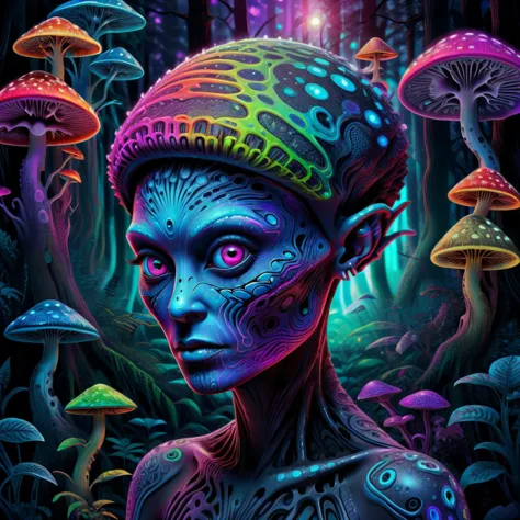 futuristic style A beautiful illustration of the mathematics of a tattooed alien, digital art, rainbow colors, very detailed face, magical mushroom forest in the background . sleek, modern, ultramodern, high tech, detailed,  <lora:Bas_Waijers_-_Artstyle_Style_SDXL:0.8>  <lora:blacklight_makeup_v2:0.6> blacklight makeup  <lora:SDXL-PsyAI-v4:0.6> PsyAI, Psychedelic, Visionary art, DMT, LSD