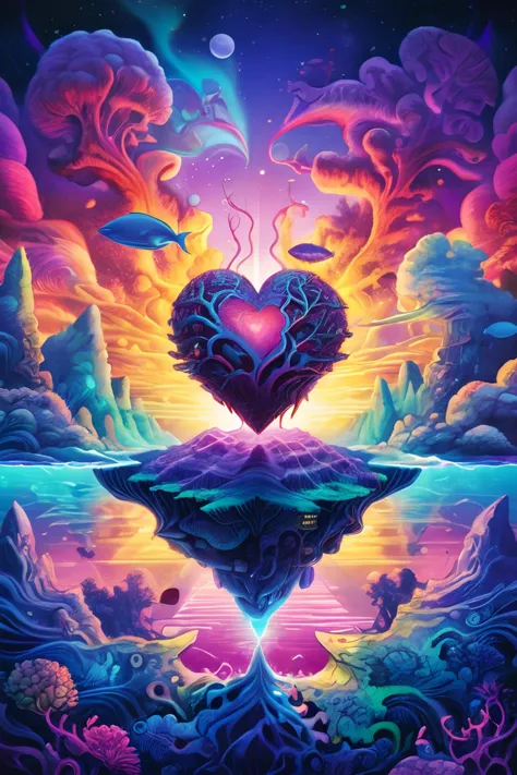 heart-shaped flying island in the ocean, fractal background <lora:fractal-art.v1:0.8> <lora:add-detail-xl:1> all <lora:SDXL-PsyAI-v4:0.8> PsyAI, Psychedelic, Visionary art, DMT, LSD, dan mumford style, craola style, Drew Brophy style, (Extremely Detailed digital Painting:1.5), ((Sharp focus)), vibrant detailed backdrop, blue and magenta, ((high contrast:1)), (surrealism), hdr, 8k, high quality, Super high definition, reflective, glossy, vaporwave, synthwave, psychedelic,  atmospheric, Intricate, dramatic, (masterpiece), (best quality), (ultra-detailed  illustration), colorful illustration, best quality, artstation, impressionism, masterpiece