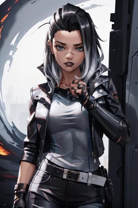 <lora:ANIME_Valorant_Fade_v01:0.8>fade, 1girl, black leather jacket, white t-shirt, fingerless gloves, jeans, 64K, f1.2, 800mm, UHD, dynamic lighting