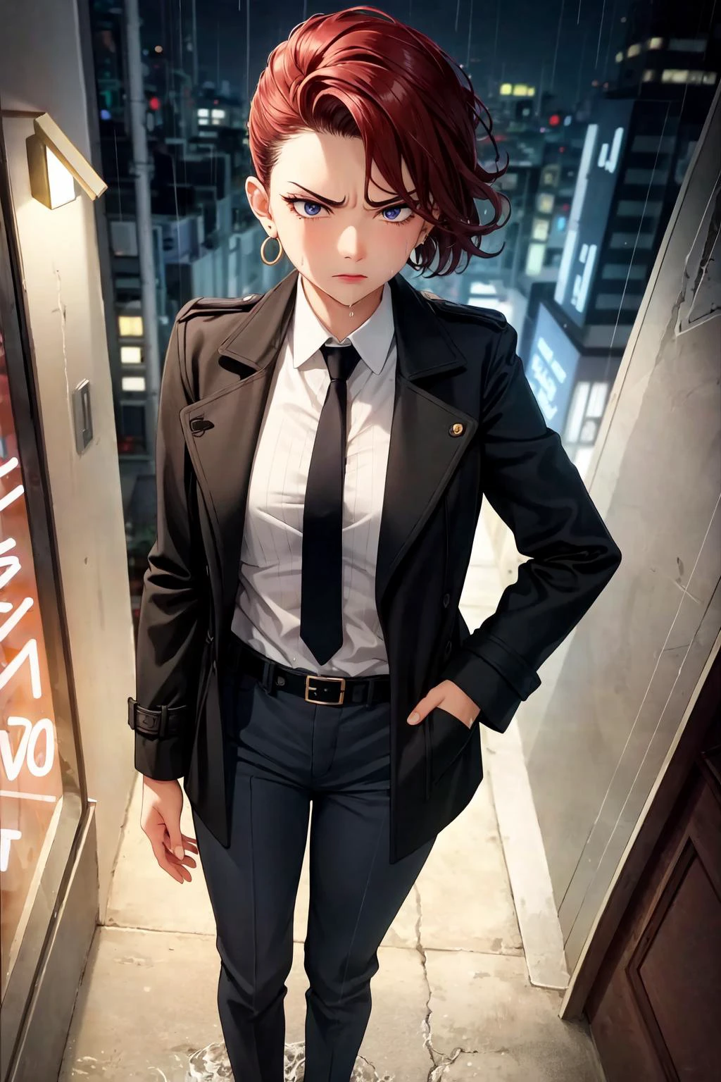 (masterpiece:1.2), (best quality:1.2), perfect eyes, perfect face, volumetric lighting, 1girl, from above, top angle, dramatic angle, mature female detective, muscular, hands in pockets, MILF, wet [red|black] hair, short hair, messy hair, pompadour cut, (long black trenchcoat), buttoned shirt, pants, belt, necktie, concentration, frowning, in the street, tall building, night, neon signs, rain, grey sky, dramatic lighting, lipstick, eyeshadow, thick eyelashes, earrings