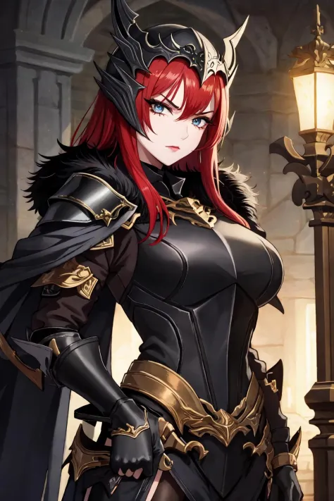 (masterpiece:1.2), (best quality:1.2), perfect eyes, perfect face, volumetric lighting, 1girl, mature female dark knight, drk_glam, heavy armor, pauldrons, breastplate, gauntlets, greaves, leather pants, cloak, fur, helmet, long straight red hair, gold, bl...
