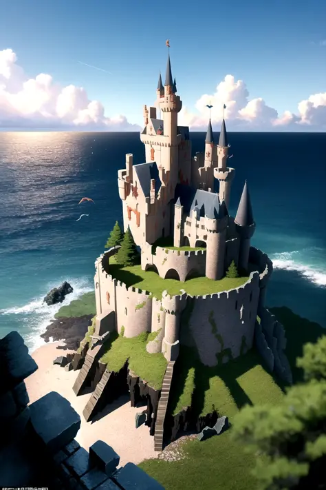 witch, A sprawling castle, perched high on a rocky cliff overlooking the sea, Assassin Striking from the shadows with a deadly precision, sunken ruins, (((tilt-shift shot)))