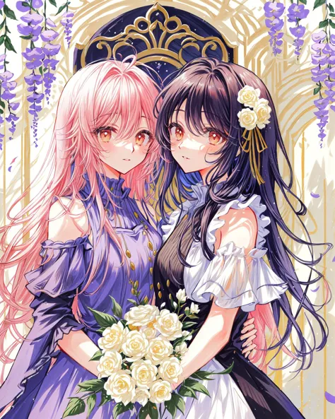 two anime girls in dresses and flowers are hugging