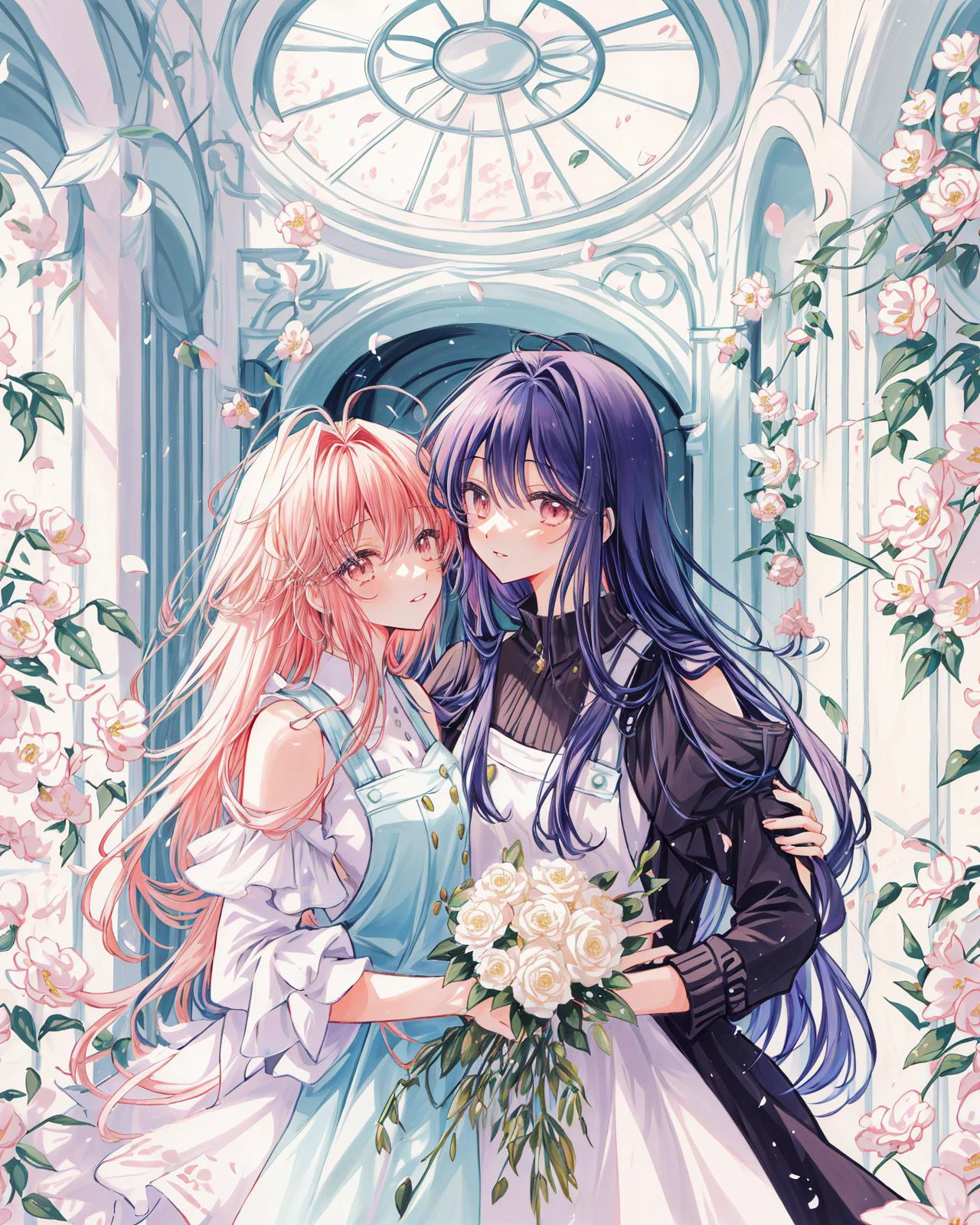 2 chicas, yuri, Caminando, ojo_contacto, charlar, gesto, inteligente, filósofo,  espalda, pelo largo y curvo, vestido delantal, (flores llenas de gente, flores por todas partes:1.1), wisteria corridor, pasillo,
tarde,(color cálido):0.263, atmósfera mágica, tendencia en artstation, detalles intrincados (por Marc Adamus):0.7,(por itou hachi):0.3,(8k hdr:1.2), perspectiva atmosférica, extremadamente detallado, fondo de pantalla, perfecta ilustración de anime, (tiro de vaquero):0.87, Retrato:1.35, De cerca:1.3,(Parte superior del cuerpo):0.75,
