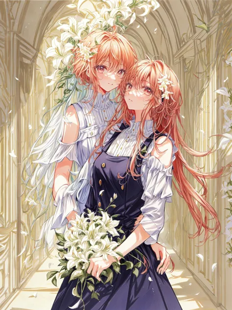 2 girls, yuri, walking, eye_contect, chat, gesture, wise, philosopher,  shoulders, long curvy hair, pinafore dress, (flowers cro...