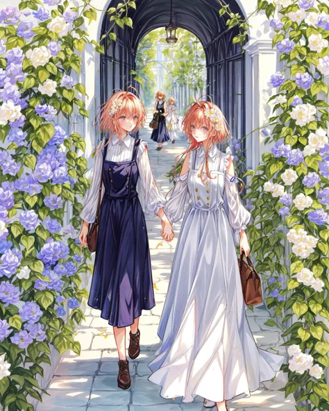 2 girls, yuri, walking, eye_contect, chat, gesture, wise, philosopher,  shoulders, long curvy hair, pinafore dress, (flowers cro...