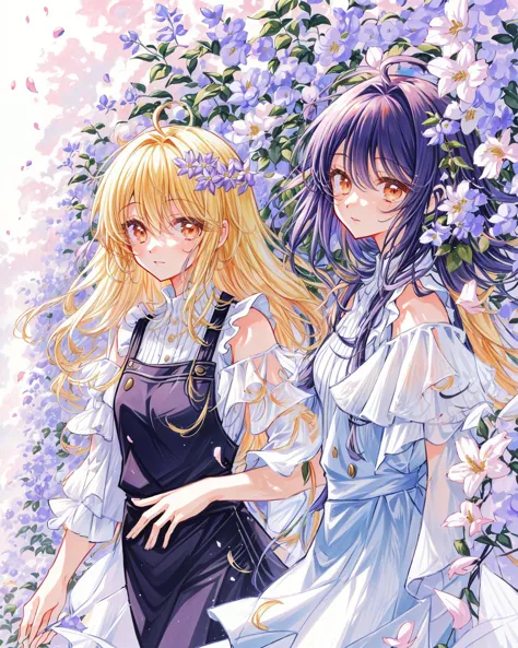 2 girls, yuri, walking, eye_contect, chat, gesture, wise, philosopher,  shoulders, long curvy hair, pinafore dress, (flowers cro...