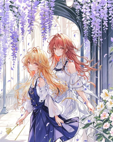 2 girls, yuri, walking, eye_contect, chat, gesture, wise, philosopher,  shoulders, long curvy hair, pinafore dress, (flowers cro...