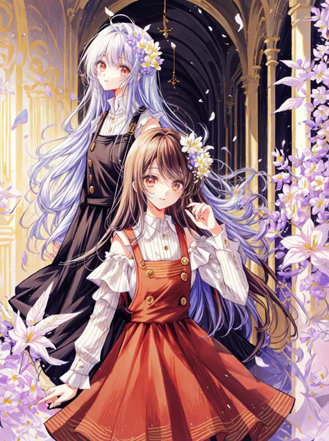 2 girls, yuri, walking, eye_contect, chat, gesture, wise, philosopher,  shoulders, long curvy hair, pinafore dress, (flowers cro...