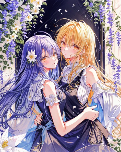 2 girls, yuri, walking, eye_contect, chat, gesture, wise, philosopher,  shoulders, long curvy hair, pinafore dress, (flowers cro...