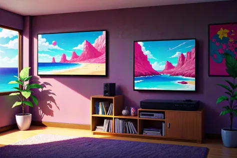 Anime Style,  Television, Living Room, Wall-mounted, The television is mounted on the wall, displaying a news program. Surrounding it, family photos and artwork add a personal touch to the room  80s Synthwave, Digital Collage  Beach Horizon