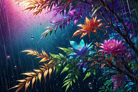 nature, serene, bliss, intricate details, key visual, cinematic, colorful natural lighting, raw, masterpiece, great quality, intricate details, 8k resolution, hyperdetailed photograph, shiny, beautiful lighting, iridescent colors, perfectly shaded, out of this world beautiful, smooth, clean, rich, ((raining with light))