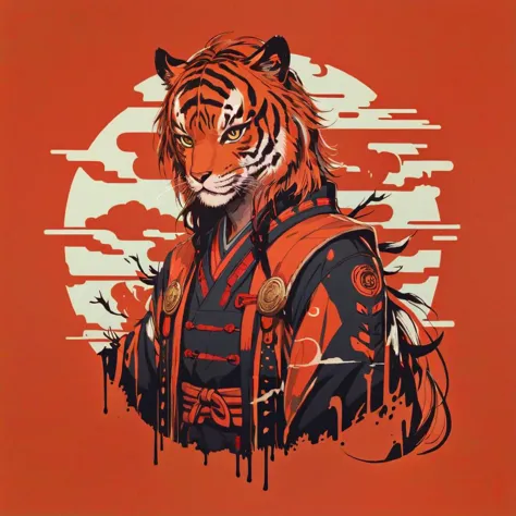 Superflat style with flat, two-dimensional imagery, inspired by Japanese manga and anime, often with a commentary on consumer culture, (Warrior samurai tiger:1.35), superflat, flat, two-dimensional imagery, Japanese manga, anime, commentary, contemporary, dynamic, vibrant