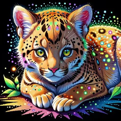 Pointillist style with small, distinct dots of color that blend together to form an image, little puma cub laying on ground, sma...