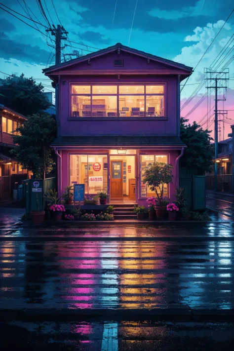 masterpiece, official art, Wave Art Style, (masterpiece, best quality, ultra-detailed, highres), bicycle, no humans, outdoors, power lines, rain, utility pole, ground vehicle, plant, scenery, road, street, house, building, potted plant, sign, window, flower, air conditioner, flower pot, sky, high detailed, 8k, outrun, electric light wires, ultra sharp, extremely detailed, Photorealistic,