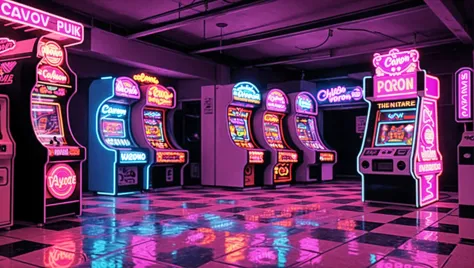 fotorealistisch, Canon Eos MARK IV, Synthwave punk style, Vaporwave-Stil, Synthwave, Vaporwave-Farben, nvinkpunk, Wave-Art-Stil, Karierter Boden, drinnen, Neon lights, keine Menschen, Neon arcade 1980er Jahre vaporwave scene, drinnen, Lautsprecher an der Decke, Casino-Stimmung, eine Reihe von Arcade-Automaten, ausdrucksvoll, beschwingt, Neon, Retro-Fotografie, 1980er Jahre,  Bodenfliesen mit Schachbrettmuster, Hochdetailliert, 8k, überholen, elektrische Lichtdrähte, ultrascharf, Extrem detailliert, Meisterwerk, offizielle Kunst