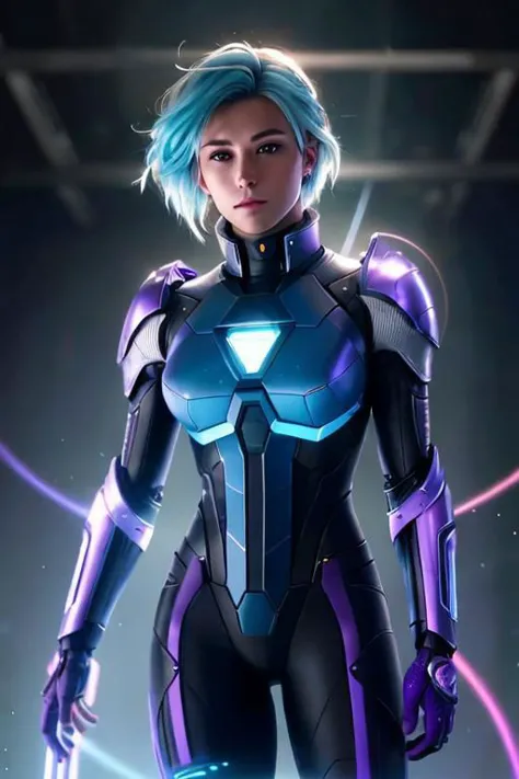 nvinkpunk, ((1boy, solo, male focus)), two tone hair, blue hair, blonde hair, purple eyes, mature woman, feminine, (masterpiece, best_quality, ultra-detailed, immaculate:1.3), epic, illustration, render, volumetric lighting, cybernetic armor, depth of field, full body, standing in a spaceship, (fantasy), (lens flare, light leak, prismastic), shiny skin, cg, (side-lighting), (cyberpunk), dynamic angle, (close up), LimitBreakStyler
