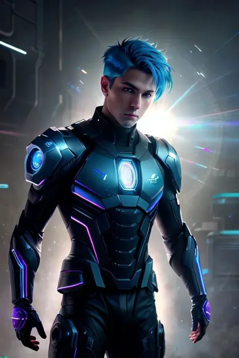 a man in a futuristic suit with blue hair and a glowing light