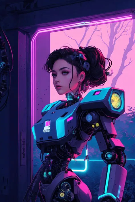 beautiful punk woman with thick voluminous hair, A woman in vaporwave 1980s neon clothing, ink lines, splatter punk, athletic 1980s, nvinkpunk, 1girl, solo, masterpiece, digital art, dense forest, cozy, eye-level shot of a (cyborg, robot:1.2) ,