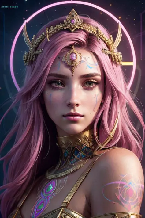 synthwave punk style nvinkpunk (symmetry:1.1) (portrait of floral:1.05) a woman as a beautiful goddess, (assassins creed style:0.8), pink and gold and opal color scheme, beautiful intricate filegrid facepaint, intricate, elegant, highly detailed, digital painting, artstation, concept art, smooth, sharp focus, illustration, art by greg rutkowski and alphonse mucha, 8k