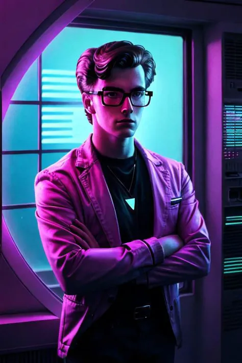 portrait, jeune homme portant des lunettes avec la terre dans la fenêtre, style synthwave, photographie rétro