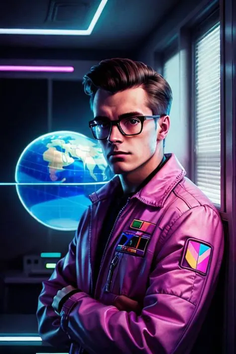 portrait, young man wearing glasses with the earth in the window, synthwave style, retro photography