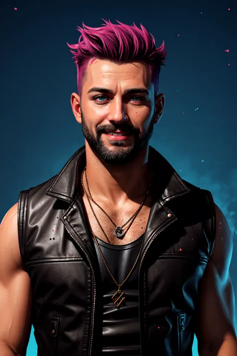 swpunk style, A stunning intricate full color portrait of a grizzled man with a black faux hawk smiling, wearing a black leather...