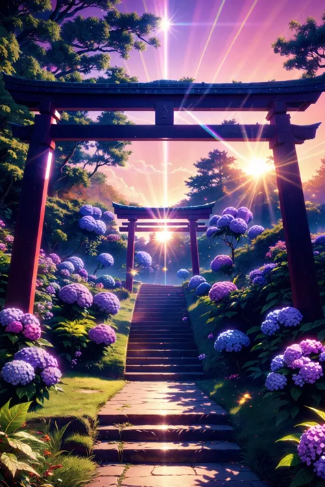 a picture of a pathway leading to a shrine with purple flowers