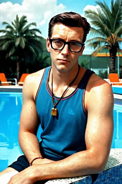retrato, chico con gafas junto a la piscina, fotografía retro