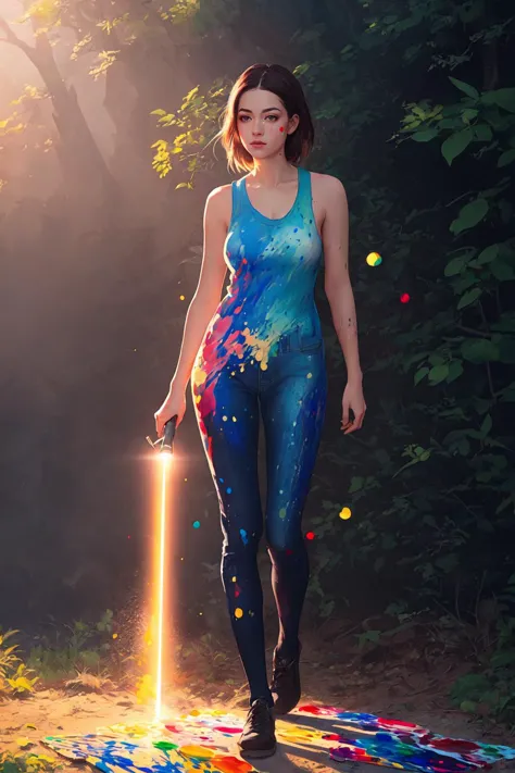 a woman in a blue bodysuit holding a light saber