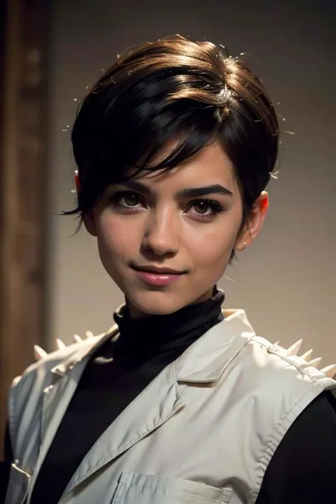 spiky bald hairstyle, short hair, mexican skin, gloves, uniform military, 1girl ,dark black hair, ((hair cut super short,)), soft Brown eyes, smile lips,