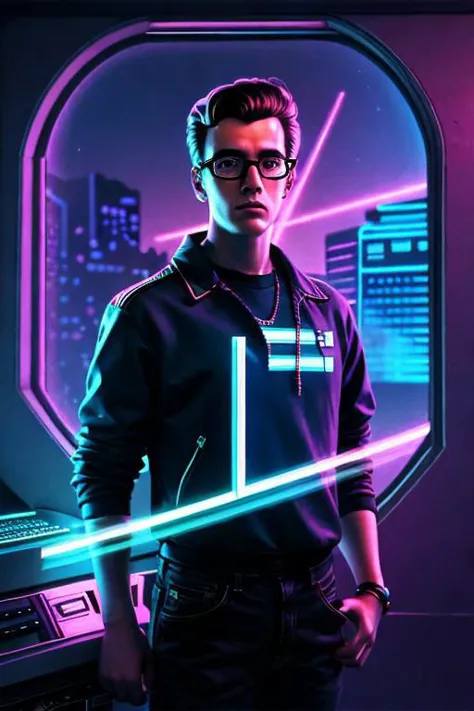 portrait, young man wearing glasses with the earth in the window, synthwave style, retro photography