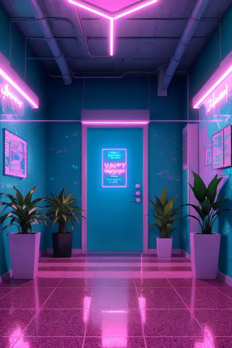 Synthwave punk style, Dampfwelle style, Synthwave, Dampfwelle colors, nvinkpunk, (Meisterwerk, beste Illustration, extremes Licht und Schatten), Karierter Boden, drinnen, Neonlichter, keine Menschen, Anlage, potted Anlage, Landschaft, Lautsprecher, Fliesenboden, Fliesen, Drittelregel, von Jackson Pollock, Farbspritzer, splatter, überholen, Dampfwelle, schattierte flache Abbildung, digital art, Trends auf ArtStation, sehr detailliert, Feines Detail, (dynamischer Winkel), Tiefenschärfe, Tätowierungen, (Seitenlicht), im Stil von Stanley Lau, art by artgerm, (volumetrische Beleuchtung), grenzwertiger Horror, Dampfwelle punk, Neon der 1980er Jahre, Klartraum Säure Tropfen