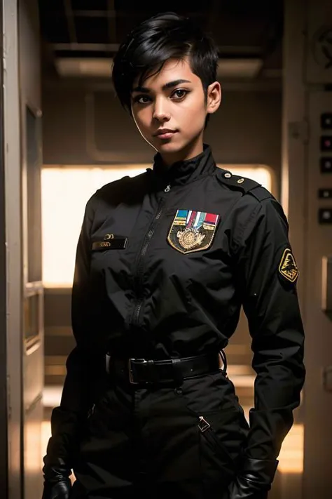 spiky bald hairstyle, short hair, mexican skin, gloves, uniform military, 1girl ,dark black hair, ((hair cut super short,)), soft Brown eyes, smile lips,