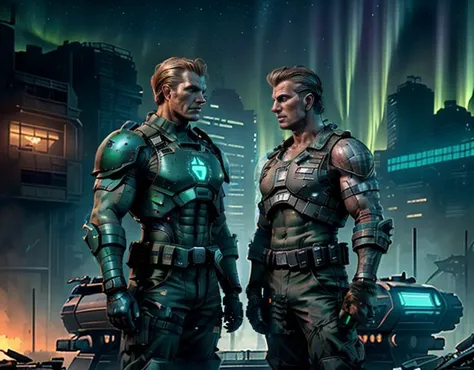 two men in futuristic armor standing in front of a city