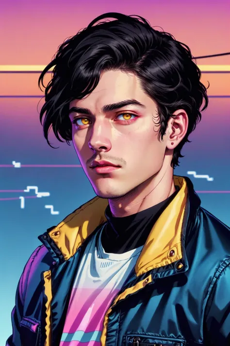 masterpiece, official art, Wave Art Style, (masterpiece, best quality, ultra-detailed, highres), 1boy, black hair, closed mouth, gradient, gradient background, jacket, looking at viewer, male focus, portrait, short hair, solo, yellow eyes, high detailed, 8k, outrun, electric light wires, ultra sharp, extremely detailed, Photorealistic