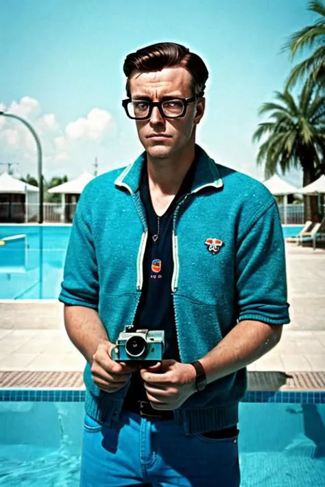 portrait, guy wearing glasses by the pool, retro photography