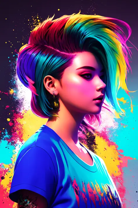 swpunk, vapodusk1,(chef-d&#39;œuvre, Meilleure illustration, lumière et ombre extrêmes), swpunk, synthwave, 1garçon, foyer masculin, couleurs de cheveux sauvages, Portrait demi-corps primé d&#39;un femboy dans un long t-shirt avec une coiffure bleu sarcelle ombre avec la tête en mouvement et les cheveux volants, Des éclaboussures de peinture, éclabousser, dépasser, vaporisateur, illustration plate ombragée, art numérique, tendance sur artstation, très détaillé, détail fin, wvert1, (Angle dynamique), profondeur de champ, tatouages, (éclairage latéral), vapodusk1, dans le style de Stanley Lau, art par artgerm, (éclairage volumétrique),paint éclaboussers