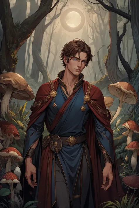 (1man, muscular adult  male:1.2),  blue eyes, chestnut hair, mid-fade, 
Style-GravityMagic,  solo, (full body:0.6), looking away, detailed background, detailed face, (ArtDecoAI, 1920s art deco theme:1.1), mushroom druid, calm,  dark orange robes,    folkloric, moss,  fungal regeneration, colorful mushrooms in background, mysterious dark night, enchanted fog, moonlight, ethereal atmosphere,