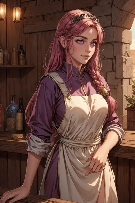 1 girl, adult (elven:0.7) woman,  pink eyes, auburn waterfall braid, 
portrait, solo, upper body, looking away, detailed background, detailed face, (arid desert middle-eastern theme:1.1) smile, barkeep, simple dark purple clothes, apron,  rustic pub interior in background,  rust, wall-decorations,  drapes, flagon, plates, low light, jovial fantasy atmosphere,