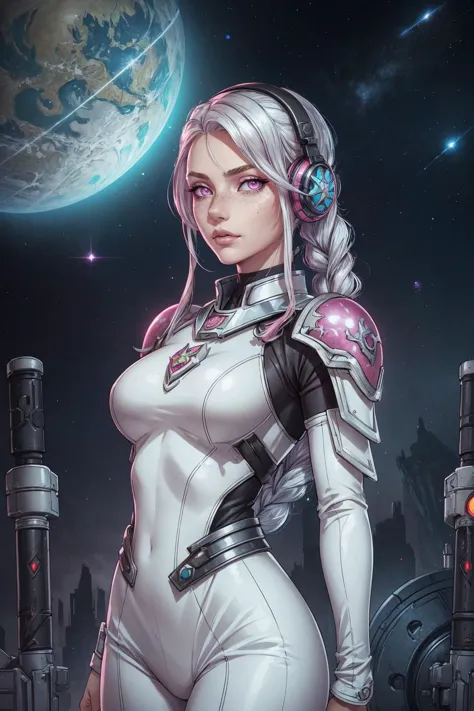 1 girl, adult (elven:0.7) woman, freckles, pink eyes, silver fishtail braid,
  solo, half shot, looking at viewer, detailed background, detailed face, (warhammer 40k theme:1.1), cosmic traveler, wearing  white space suit, headset, insignia, techwear, confidence,  hair drifting, galactic travel,  communication device, planet earth in background, LED lights, epic scifi atmosphere,