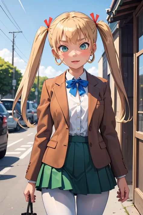 anime girl with ponytails and a brown jacket walking down the street