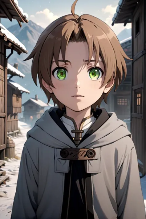 <lora:rudeus-000016:0.7>
a 12-year old boy, (rudeus greyrat:1.2), standing alone in a wooden village,
he has detailed green eyes and brown hair,
he has a mole under his left eye
His face is hyper-detailed and smooth
The soft lighting and detailed surroundings create an immersive environment where imagination runs wild
hyper-detailed,hyper-detailed face, high quality visuals, dim Lighting, sharply focused, octane render, 8k UHD
draw it in the art style of  mushoku tensei