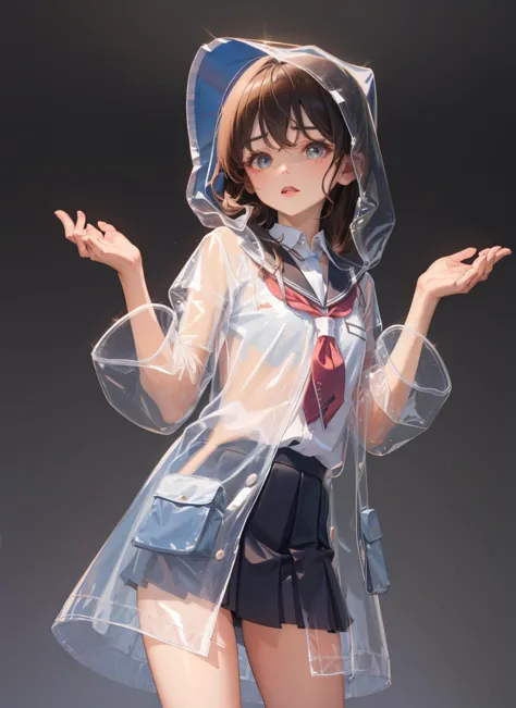 transparent raincoat,cowboy shot,hood up,school uniform,, masterpiece,1girl,cute