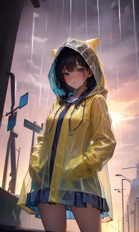 transparent raincoat,cowboy shot,hood up,school uniform,, masterpiece,1girl,cute,rain,