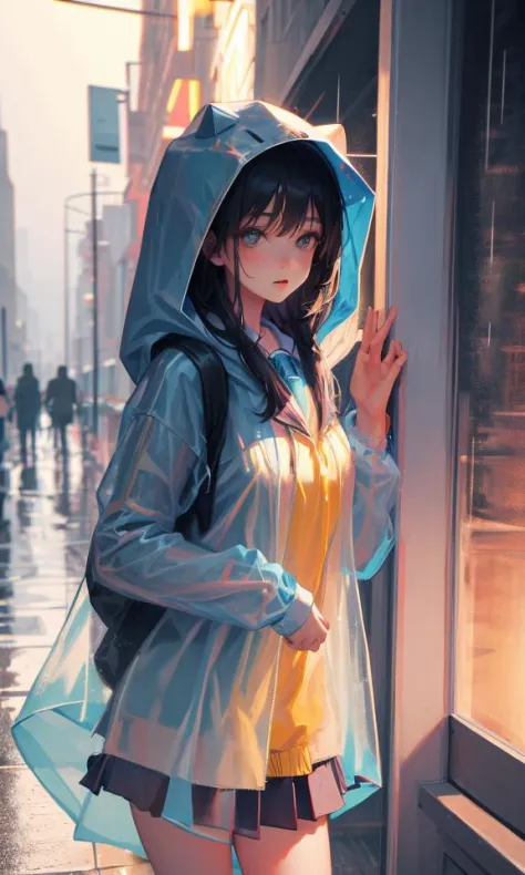 transparent raincoat,cowboy shot,hood up,school uniform,, masterpiece,1girl,cute,rain,