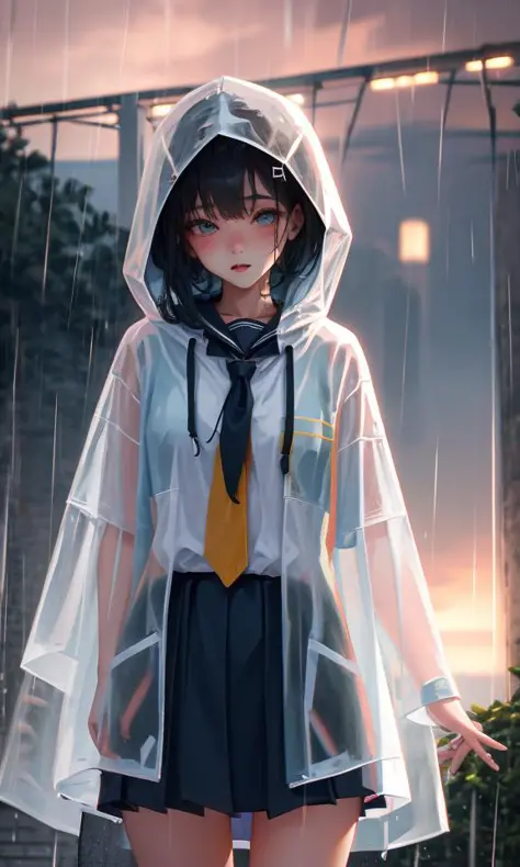 transparent raincoat,cowboy shot,hood up,school uniform,, masterpiece,1girl,cute,rain,sexy,