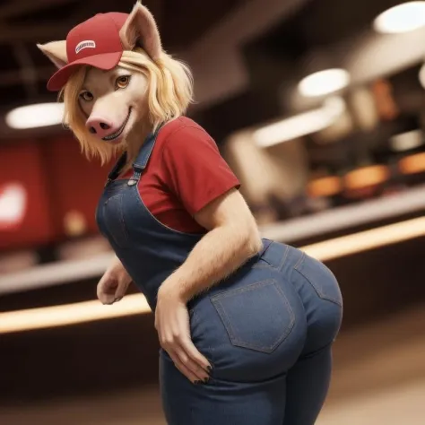 (realistic, photorealistic RAW Photo:1.4), full body image, detailed fast food restaurant setting, warm lighting, (solo:1.3)
BREAK, facing the viewer, 20 years old, anthro pig female, muscular, stocky build, short pig tail, bright amber eyes, small breasts...