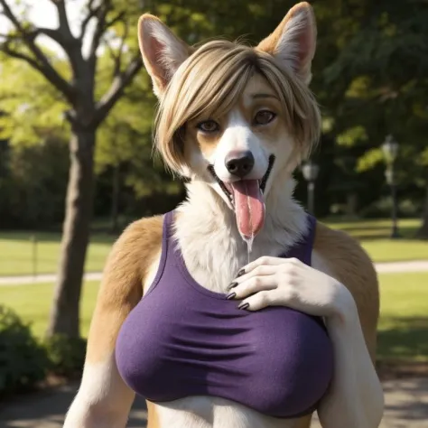 bust shot, detailed London park setting, warm lighting, (solo:1.3),
BREAK, staring into the camera, 20 years old, anthro dog corgi female with tan and white fur, muscular, lean build, fluffy tail, brown eyes, (short blonde hair, bob cut hairstyle), dog sno...